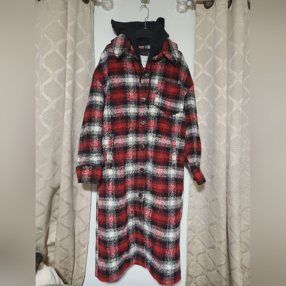 Avec Les Filles Hooded Plaid Long Coat Womens Size Small